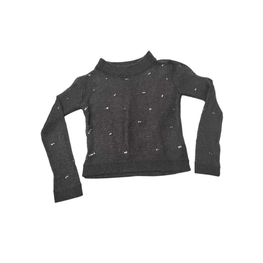 Nicole Miller Charcoal Silver Sequin Cowl Turtleneck Sheer Sweater M
